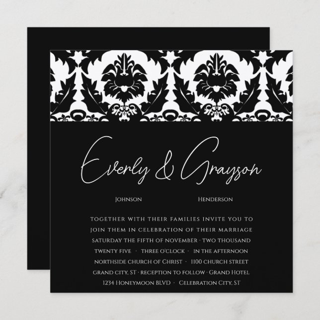 New Saints Black Damask Swirls Wedding Invitation (Front/Back)