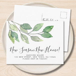 New Season New Home Watercolor Greenery Moving Announcement Postcard