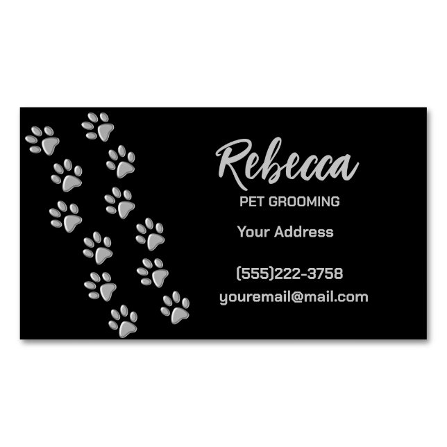 New Silver Dog Paws Pattern Pet Grooming Service   Magnetic Business Card (Front)
