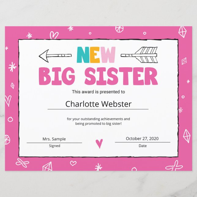 New Sister Certificate Sibling Certificate Award (Front)