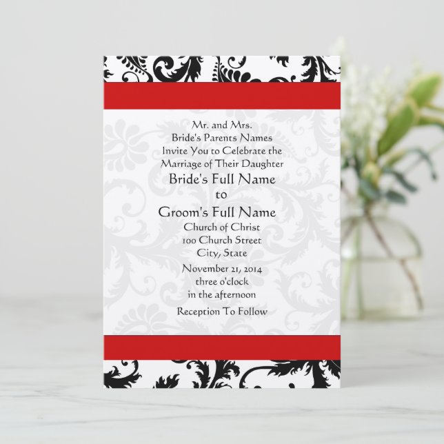 New Sizes Black Damask Swirls Wedding Invitation (Standing Front)
