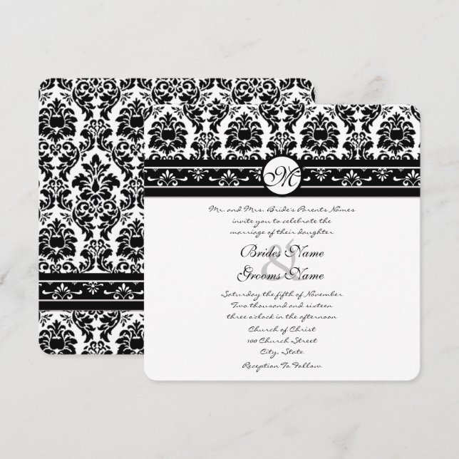 New Sizes Black Damask Swirls Wedding Invitation (Front/Back)