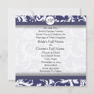 New Sizes  Navy Damask Swirls Wedding Invitation