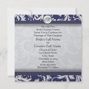 New Sizes Navy Damask Swirls Wedding Invitation