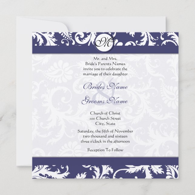 New Sizes  Navy Damask Swirls Wedding Invitation (Front)
