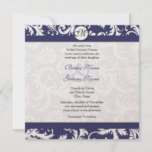 New Sizes Navy Damask Swirls Wedding Invitation