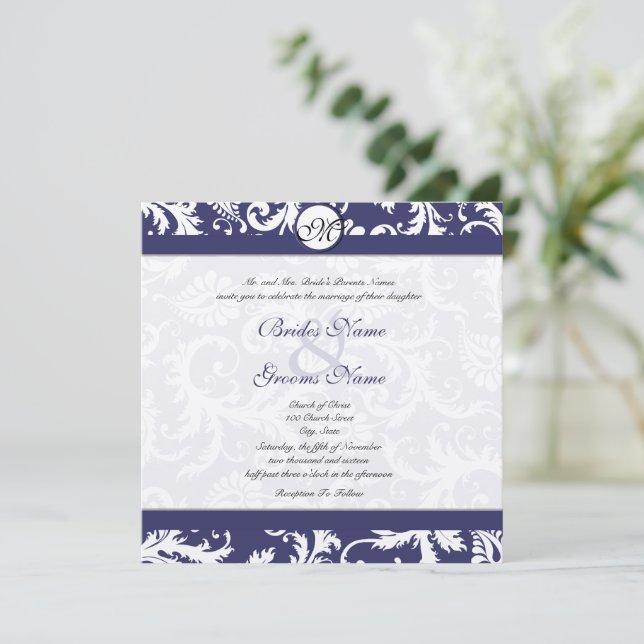 New Sizes  Navy Damask Swirls Wedding Invitation (Standing Front)