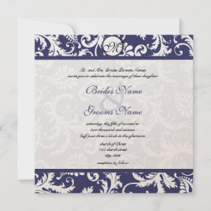 New Sizes Navy Damask Swirls Wedding Invitation