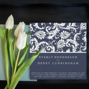 New Sizes Navy Damask Swirls Wedding Invitation