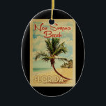 New Smyrna Beach Palm Tree Vintage Travel Ceramic Tree Decoration<br><div class="desc">A uniquely retro mid-century modern New Smyrna Beach Florida art print in vintage travel poster style. It features a curved palm tree on sandy beach with ocean under a blue cloudy sky.</div>
