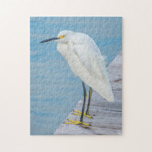 New Smyrna Beach, Snowy Egret on dock Jigsaw Puzzle