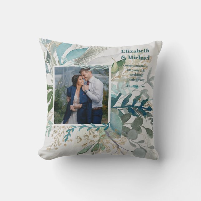 NEW! Stunning Newly Wed PHOTO Gift - Greenery Teal Cushion (Front)