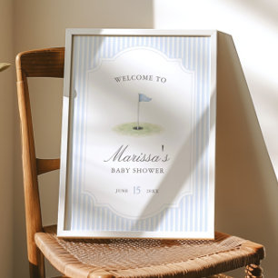 New to the Club Golf Blue Stripe Baby Shower Poster