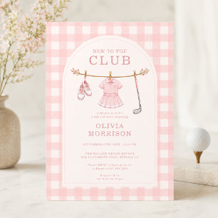 New To The Club Golf Pink Gingham Baby Shower Invitation