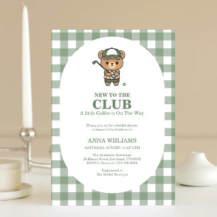 New To The Club Golfing Bear Gingham Baby Shower Invitation