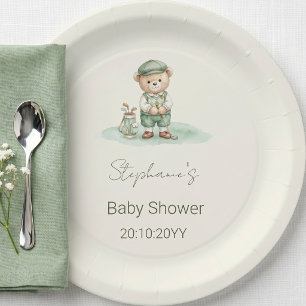 New to the Club  Green Golfing Bear Baby Shower  Paper Plate
