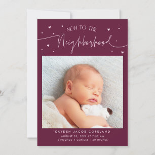 New To The Neighbourhood Cranberry Photo Birth Announcement