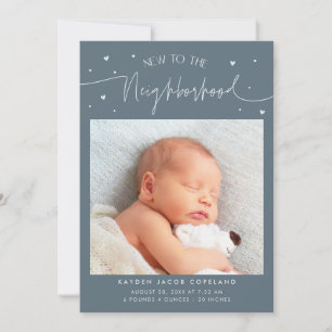 New To The Neighbourhood Slate Blue Photo Birth Announcement