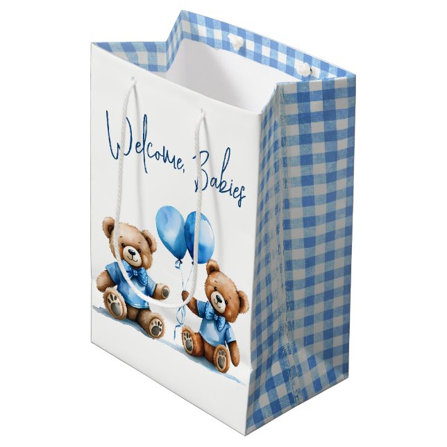 New Twin Boy Teddy Bears With Blue Balloons Medium Gift Bag (Front Angled)