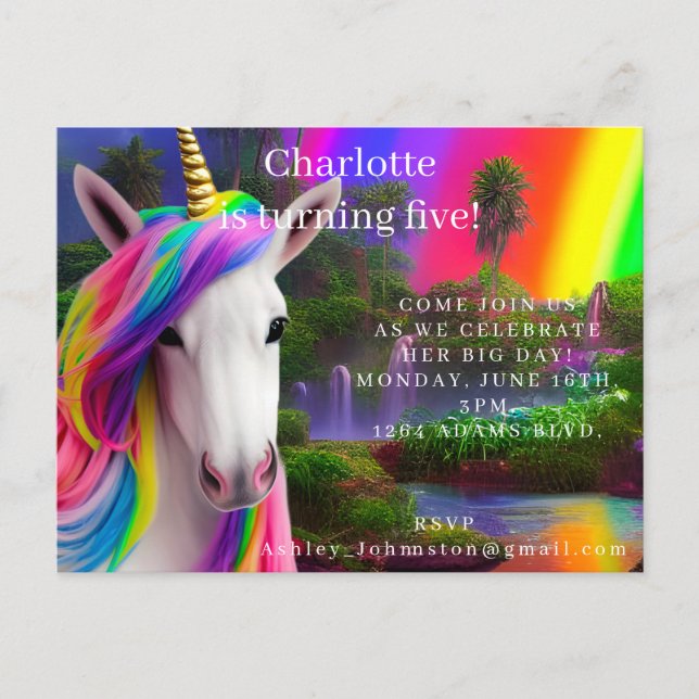 New Unicorn Birthday Party Invitation Postcard (Front)