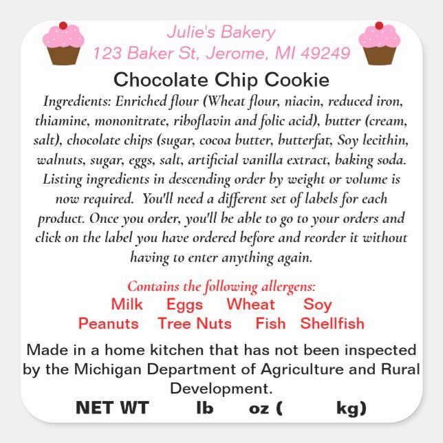 New Updated MICHIGAN Cottage Food Law Label (Front)