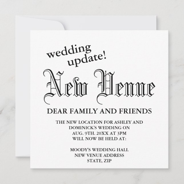 New Venue Gothic Wedding Update Change Of Plans  Announcement (Front)