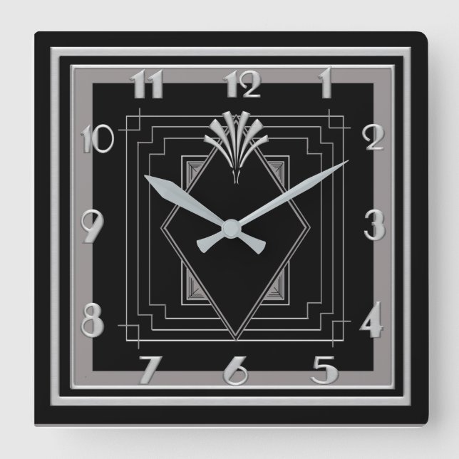 New Very Art Deco (Silver/Black) Square Wall Clock (Front)