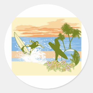 new vintage surfer hawaii beach girl boy classic round sticker