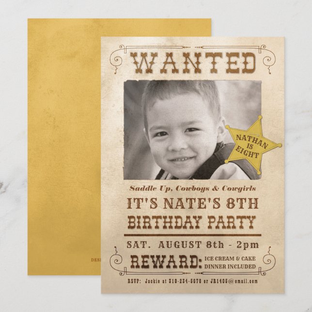New Wanted Poster Cowboy Western Birthday Party Invitation (Front/Back)