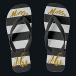 New Wife New Bride Mrs. Personalised Flip Flops<br><div class="desc">Personalised New Wife New Bride Mrs. Metallic Gold Foil Text on Black and White Stripes Beach Bride Sandals</div>