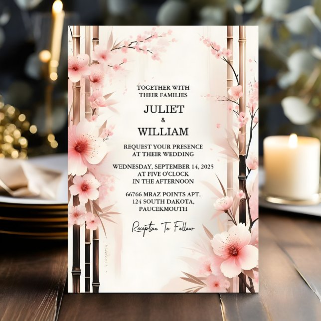 New Wood Bamboo Pink Sakura Cherry Blossom Wedding Invitation (Creator Uploaded)