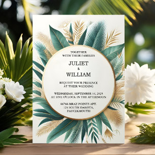 New Wreath Palm Tree Beach Green And Gold Wedding Invitation
