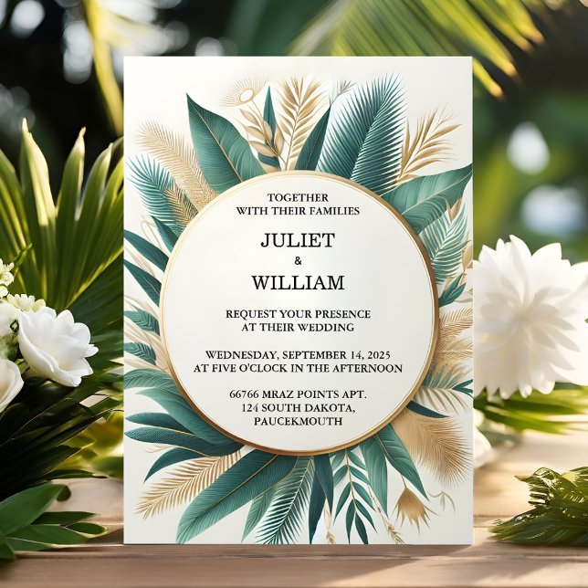 New Wreath Palm Tree Beach Green And Gold Wedding Invitation (Creator Uploaded)