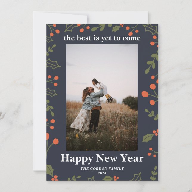 New Year 1 Photo Botanical Holiday Holly Modern Card (Front)