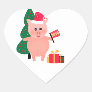 New Year 2019 symbol fun cartoon pig Heart Sticker
