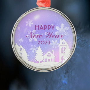New Year 2023 Purple White House Snow Metal Tree Decoration