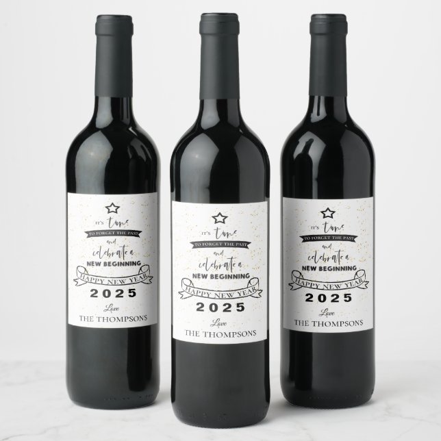 New Year 2024 Black Typography Happy New Year Wine Label (Bottles)
