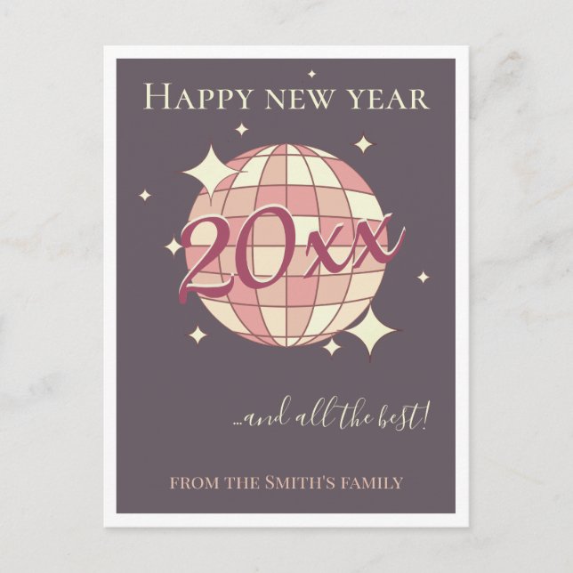 New year 2025 pink purple retro greeting card (Front)