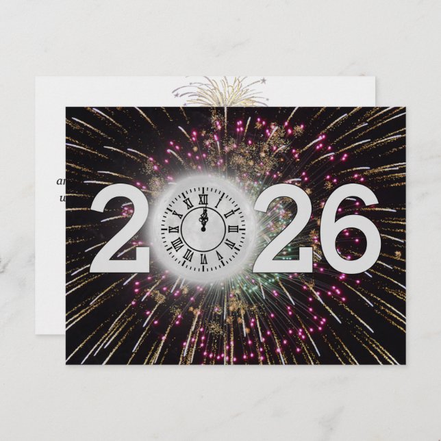 New Year 2026 Fireworks and Moon Clock Postcard (Front/Back)
