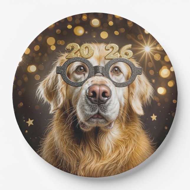 New Year 2026 Golden Retriever Humour Paper Plate (Front)