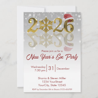 New Year 2026 Golden with Snowflake and Santa Hat Invitation
