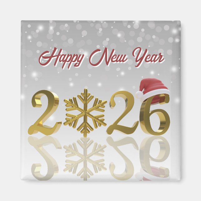New Year 2026 Golden with Snowflake and Santa Hat Magnet (Front)