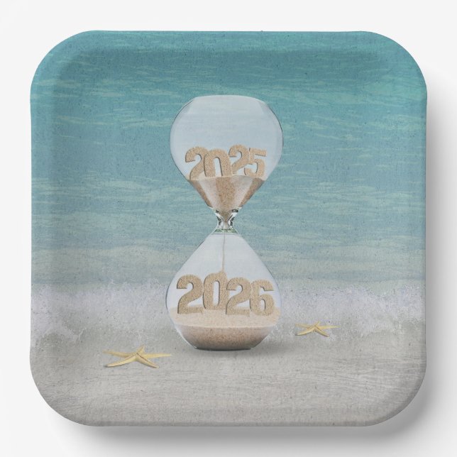 New Year 2026 Hourglass On Beach Paper Plate (Front)