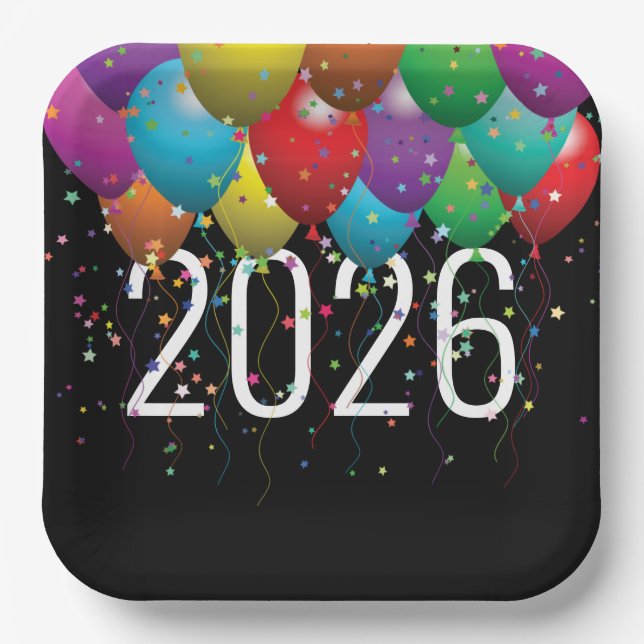 New Year 2026 Party Balloons Paper Plate (Front)