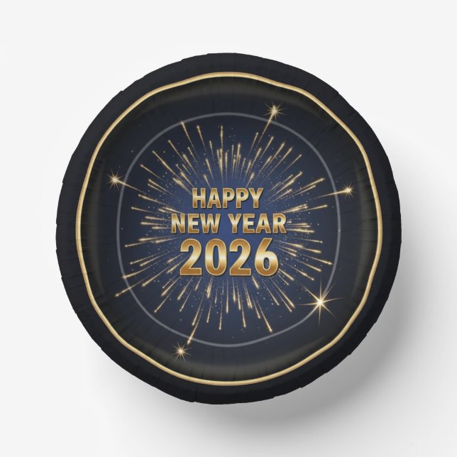 New Year 2026 Party Paper Plates & Bowls – Golden  (Front)
