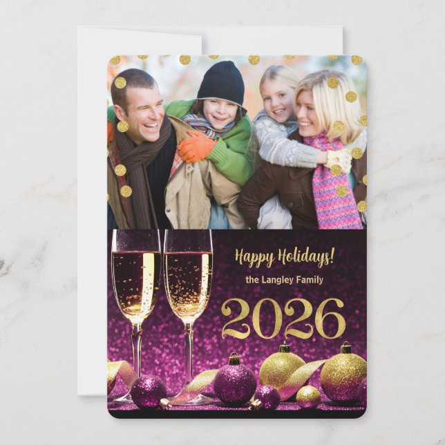 New Year 2026 Purple and Gold Champagne Photo Holiday Card (Front)