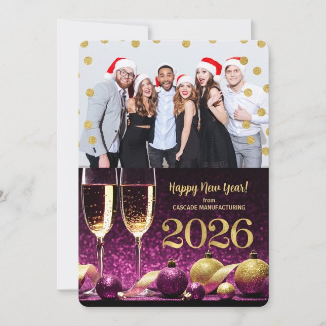 New Year 2026 Purple Gold Champagne Business Photo Holiday Card (Front)