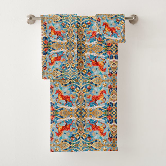 New Year 2026 Red Fiery Horse Christmas Pattern Bath Towel Set (Insitu)