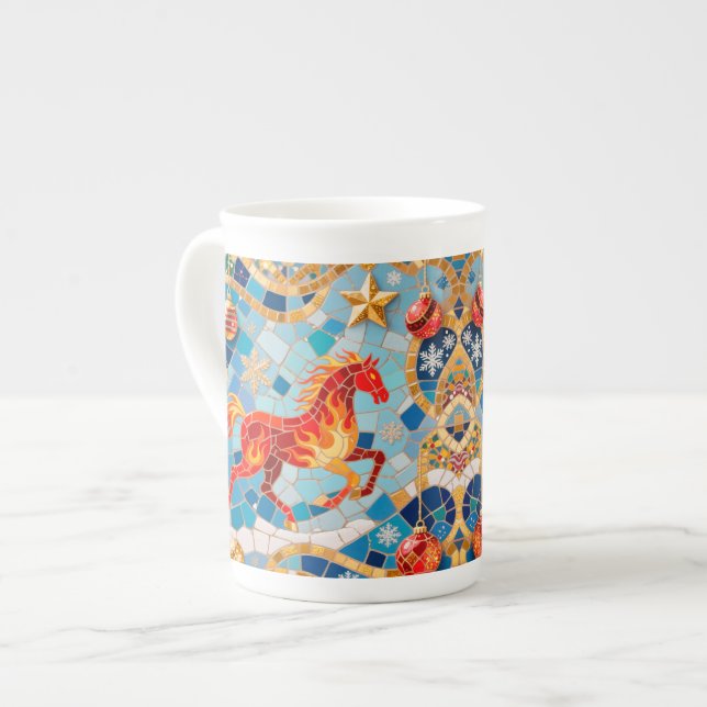 New Year 2026 Red Fiery Horse Christmas Pattern Bone China Mug (Front Left)