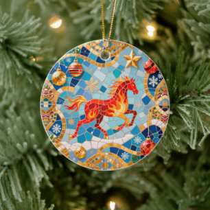 New Year 2026 Red Fiery Horse Christmas Pattern Ceramic Tree Decoration